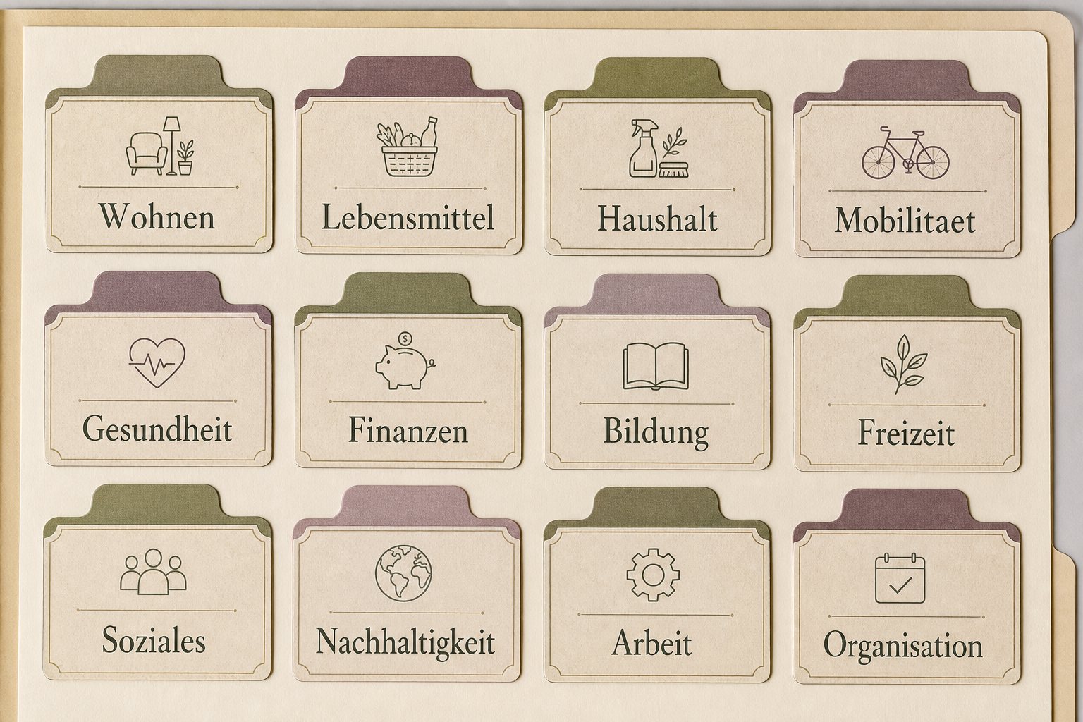 Farbige Register mit Kategorienamen neben einer ausgefüllten Monatsausgabentabelle