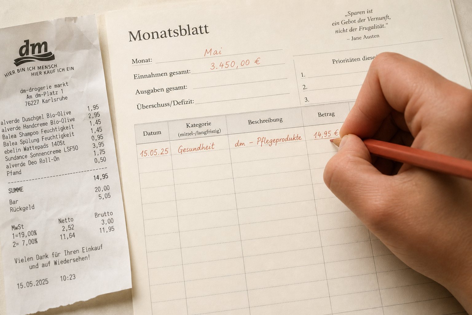 Hand schreibt Ausgaben in eine Monatstabelle neben Kassenbons und Taschenrechner