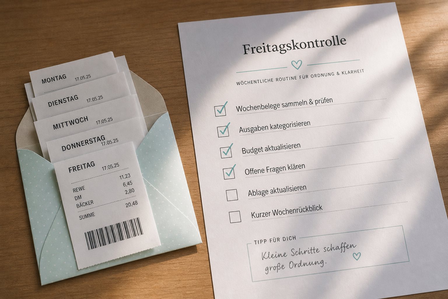 Freitagnachmittag am Küchentisch: Belege, Stift, Wochenliste und Tasse Tee neben der Monatsmappe