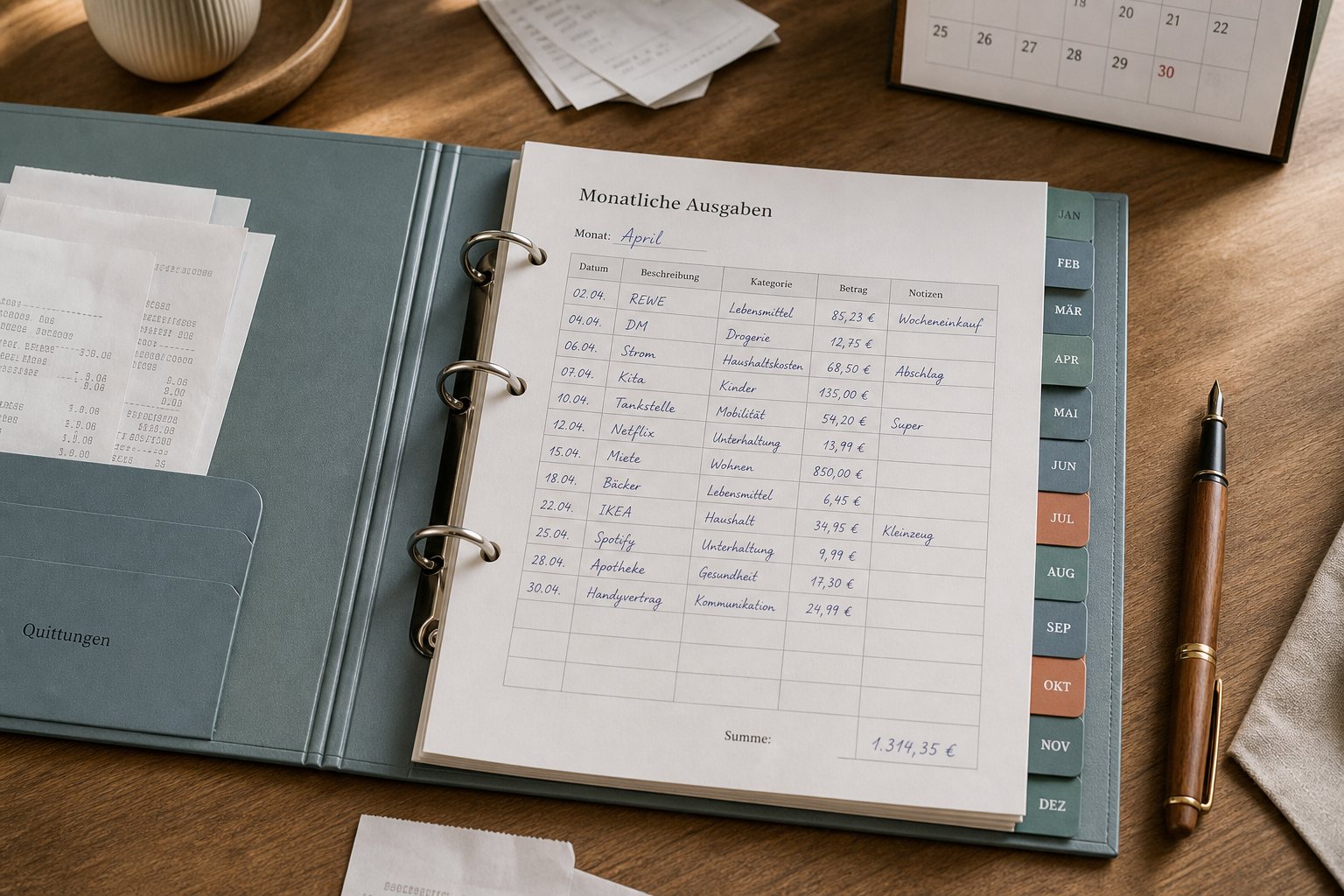 Offene Monatsmappe mit Ausgabentabelle, Belegen, Kalender und Stift auf einem Schreibtisch