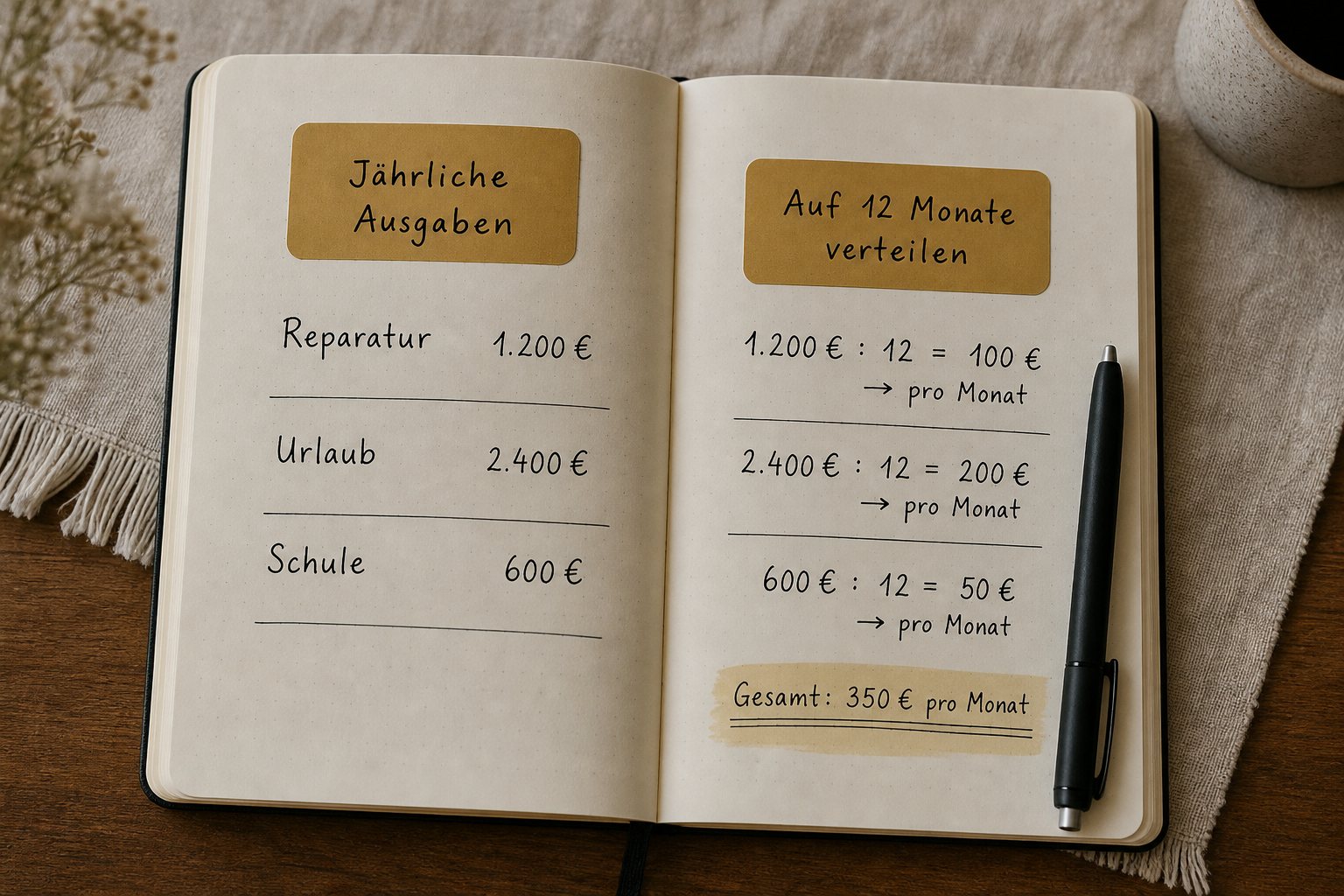 Notizblock mit Jahresausgabenliste, Taschenrechner und Umschlag für Rücklagen auf einem Schreibtisch