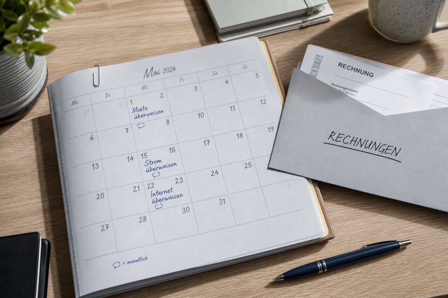 Fixkostenliste auf Papier neben Vertragsunterlagen und Kalender mit Abbuchungsterminen